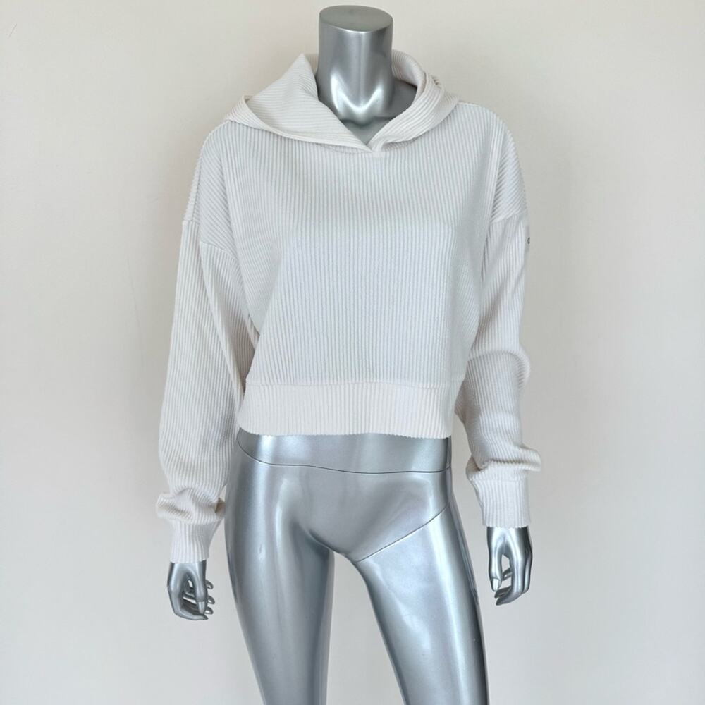 ALO Yoga White Ribbed Cropped Hoodie